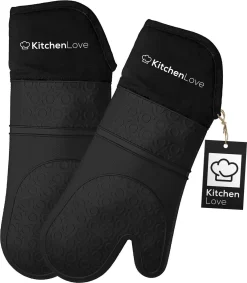 KitchenLove Ovenwanten - 2 Stuks Ovenhandschoenen - Hittebestendig Tot 250 °C - Siliconen - Zwart