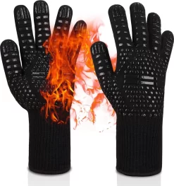 BBQ Ovenwanten- Met Gratis Vleesthermometer– Hittebestendige Handschoenen - Ovenhandschoenen - Barbecue Handschoen – Grill & Oven Want – Koken Accessoires - Vuurkorf En Openhaard - Gloves - Barbeque Keukenaccessoires -Zwart – 2 Stuks -Thuis-BBQ 1127x1200