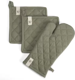 Walra Kookset Cook With A Smile - Set Van 2 Pannenlappen En 1 Ovenwant - 100% Katoen - Legergroen