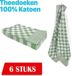 Theedoekenset - Glazendoeken - Blok Groen - 65x65 - Set Van 6 - Geblokt - Blokdoeken - 100% Katoen - Horeca Theedoeken - Horeca - Glazendoeken