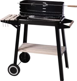 Verrijdbare Barbecue – Houtskool/Briketten - Verstelbare Grillplaat – Houten Tafel – Winscherm – Gewicht 5.9kg