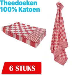 Theedoekenset - Glazendoeken - Blok Rood - 65x65 - Set Van 6 - Geblokt - Blokdoeken - 100% Katoen - Horeca Theedoeken - Horeca - Glazendoeken
