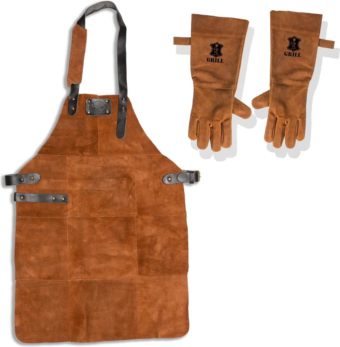 Leren Schort Suede + Handschoenen | LICHT BRUIN (Cognac) | BBQ Schort - Lederen Kookschort – Man - 81 X 56 Cm 1 Leren Schort Suede + Handschoenen | LICHT BRUIN (Cognac) | BBQ Schort - Lederen Kookschort – Man - 81 X 56 Cm