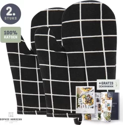 Ovenwanten Van Sophie Nordinn® - Ovenhandschoenen Lund (Raster Zwart) - Ovenwanten 2 Stuks - Katoen