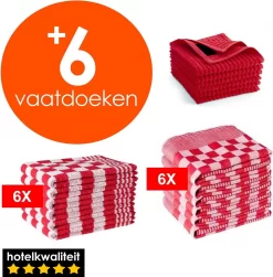 Zavelo 6x Theedoeken En 6x Keukendoeken Set + 6x VAATDOEKJES - 6x Theedoeken - 6x Keukendoeken - Rood
