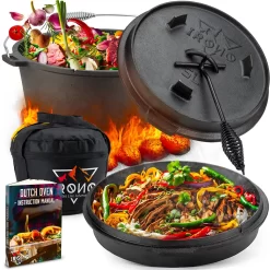 IRONO Dutch Oven - Pan Gietijzer - 5 Liter - Gietijzeren Pan BBQ 4-delig - Multifunctionele Kookset - Braadpan Gietijzer Met Deksellifter - Bakpan - Kookpan - Outdoor Cooking