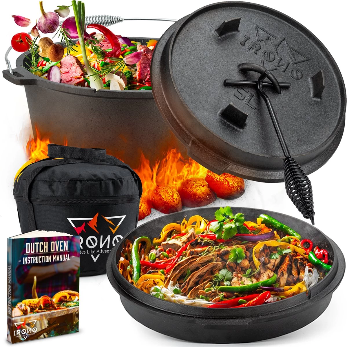 IRONO Dutch Oven - Pan Gietijzer - 5 Liter - Gietijzeren Pan BBQ 4-delig - Multifunctionele Kookset - Braadpan Gietijzer Met Deksellifter - Bakpan - Kookpan - Outdoor Cooking 1 IRONO Dutch Oven - Pan Gietijzer - 5 Liter - Gietijzeren Pan BBQ 4-delig - Multifunctionele Kookset - Braadpan Gietijzer Met Deksellifter - Bakpan - Kookpan - Outdoor Cooking