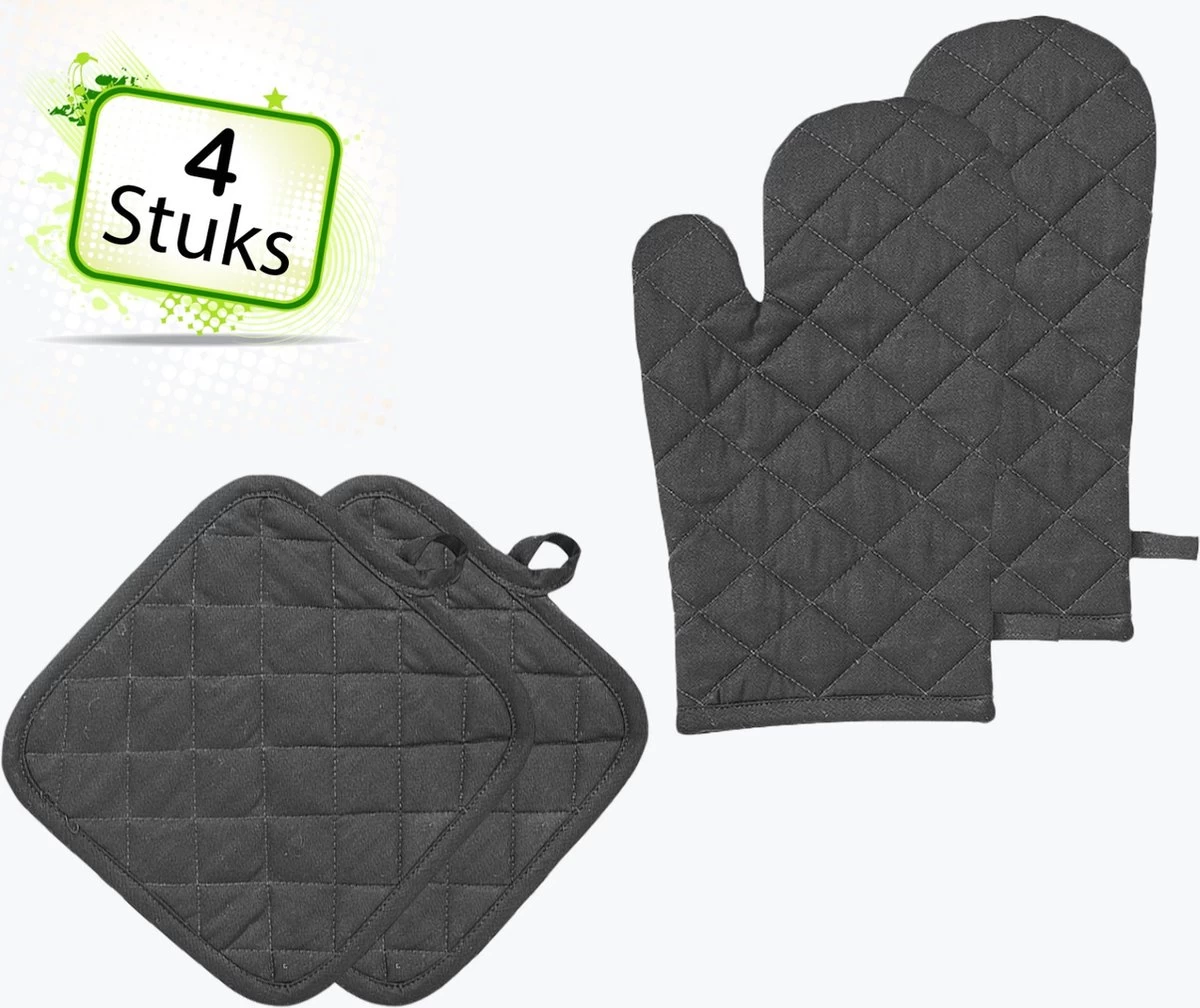 Homéé Ovenwanten En Pannenlappen Hittebestendig - Zwart - 4 Delige Sets 1 Homéé Ovenwanten En Pannenlappen Hittebestendig - Zwart - 4 Delige Sets