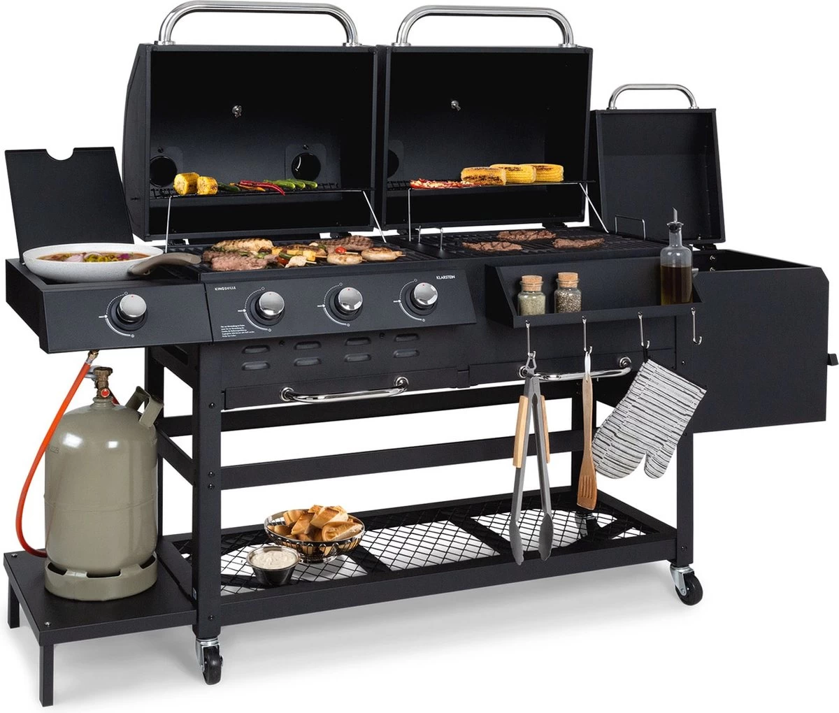 Klarstein Kingsville Double Barbecue - Houtskool- En Gasbarbecue - Smoker BBQ - Inclusief Deksels En Thermometer - Met 2 Roosters - Zwart 11 Klarstein Kingsville Double Barbecue - Houtskool- En Gasbarbecue - Smoker BBQ - Inclusief Deksels En Thermometer - Met 2 Roosters - Zwart - Afbeelding 11