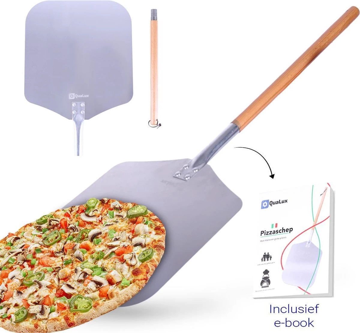 Qualux Pizzaschep Tweedelig – Pizzaschep Voor BBQ – Ophangbaar – Hout/rvs 1 Qualux Pizzaschep Tweedelig – Pizzaschep Voor BBQ – Ophangbaar – Hout/rvs
