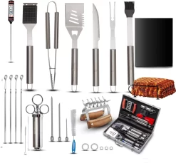 Rednas Premium Bbq Accessoires Incl. Sparerib Rek - BBQ Gereedschap Set - Marinade Injectiespuit - BBQ Thermometer - Vleesklauwen - BBQ Mat - 23-delig - RVS - Koffer