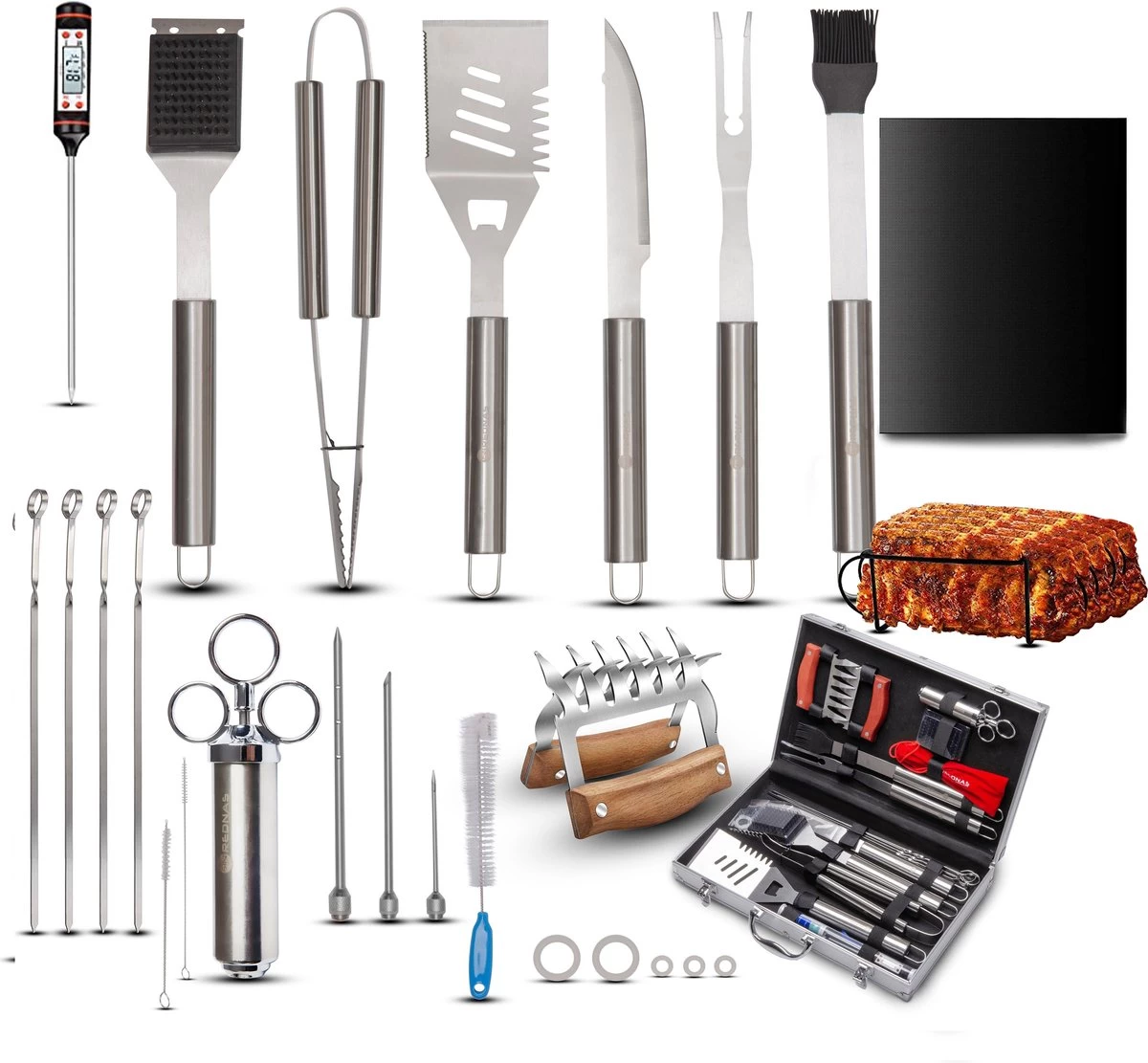 Rednas Premium Bbq Accessoires Incl. Sparerib Rek - BBQ Gereedschap Set - Marinade Injectiespuit - BBQ Thermometer - Vleesklauwen - BBQ Mat - 23-delig - RVS - Koffer 1 Rednas Premium Bbq Accessoires Incl. Sparerib Rek - BBQ Gereedschap Set - Marinade Injectiespuit - BBQ Thermometer - Vleesklauwen - BBQ Mat - 23-delig - RVS - Koffer