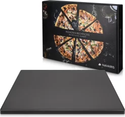 Navaris Pizzasteen XL Voor Oven En Barbecue - Rechthoekige Pizzaplaat 38 X 30 Cm - Inclusief Receptenboek - Keramisch Geglazuurd - Zwart