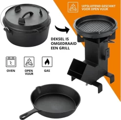 Dutch Mountains Gietijzeren Pannenset 7-delig - Dutch Oven – Braadpan - Grillpan - Hapjespan - Kookset In Houten Transportkist - Deksellifter - Brander -Thuis-BBQ 1200x1185 1