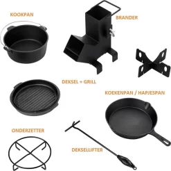 Dutch Mountains Gietijzeren Pannenset 7-delig - Dutch Oven – Braadpan - Grillpan - Hapjespan - Kookset In Houten Transportkist - Deksellifter - Brander -Thuis-BBQ 1200x1197 11