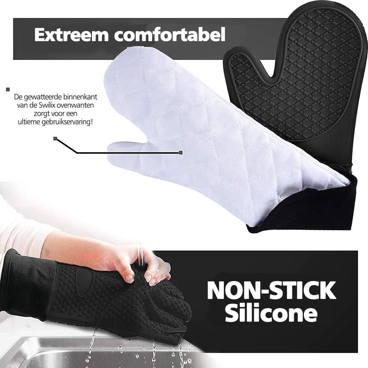 SWILIX ® Ovenwanten 2 Stuks - Ovenhandschoenen - Siliconen Ovenwant - Zwart 5 SWILIX ® Ovenwanten 2 Stuks - Ovenhandschoenen - Siliconen Ovenwant - Zwart - Afbeelding 5