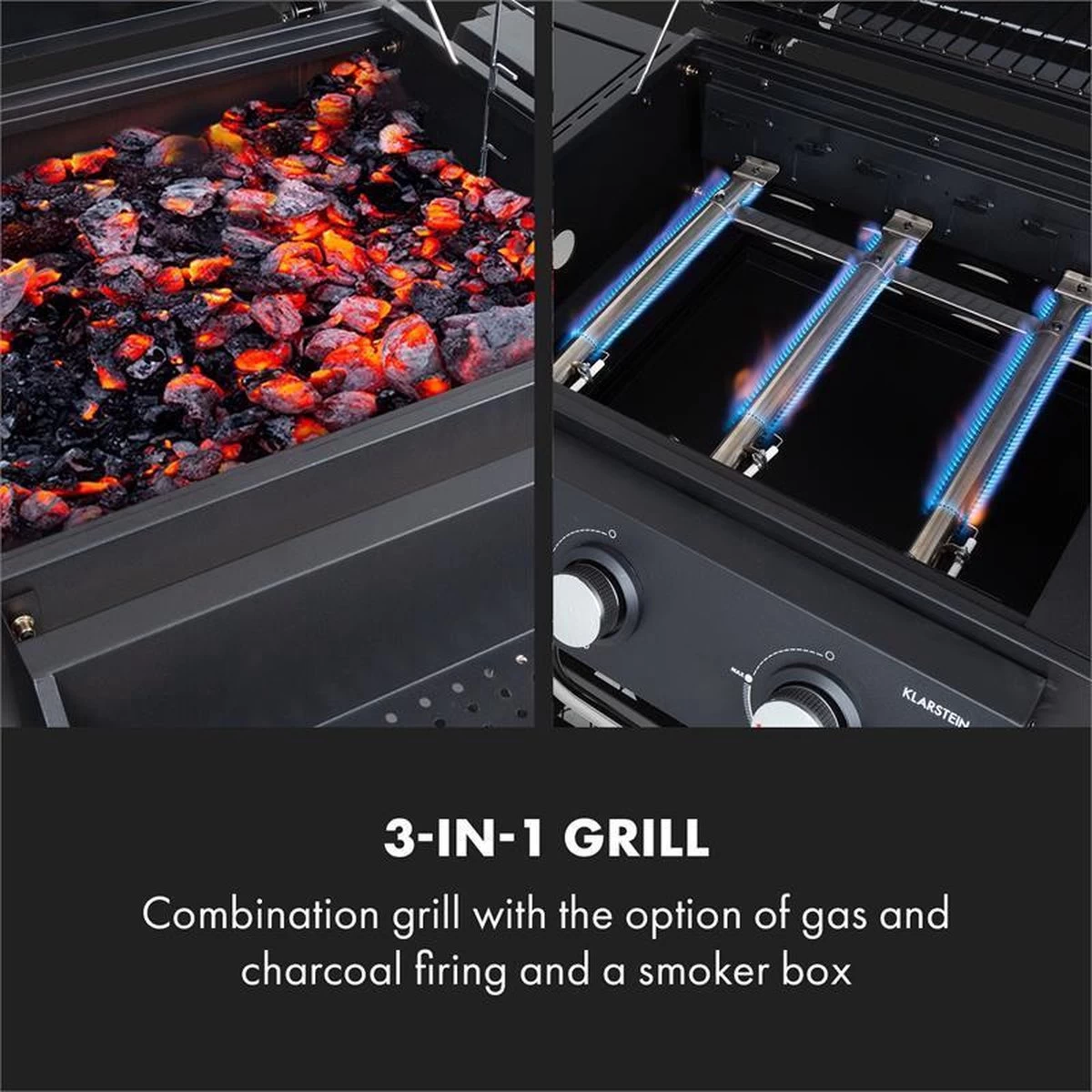 Klarstein Kingsville Double Barbecue - Houtskool- En Gasbarbecue - Smoker BBQ - Inclusief Deksels En Thermometer - Met 2 Roosters - Zwart 6 Klarstein Kingsville Double Barbecue - Houtskool- En Gasbarbecue - Smoker BBQ - Inclusief Deksels En Thermometer - Met 2 Roosters - Zwart - Afbeelding 6