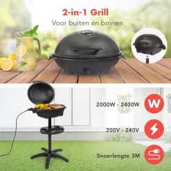 KitchenBrothers Elektrische BBQ - Met Grillplaat - Anti-aanbaklaag - Incl. Plank/Houders - Grilloppervlak 46,5x33,8cm - Tot 300°C - 2400W - Zwart -Thuis-BBQ 1200x1200 245