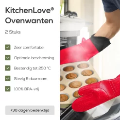 KitchenLove Ovenwanten - 2 Stuks Ovenhandschoenen - Hittebestendig Tot 250 °C - Siliconen - Rood -Thuis-BBQ 1200x1200 497