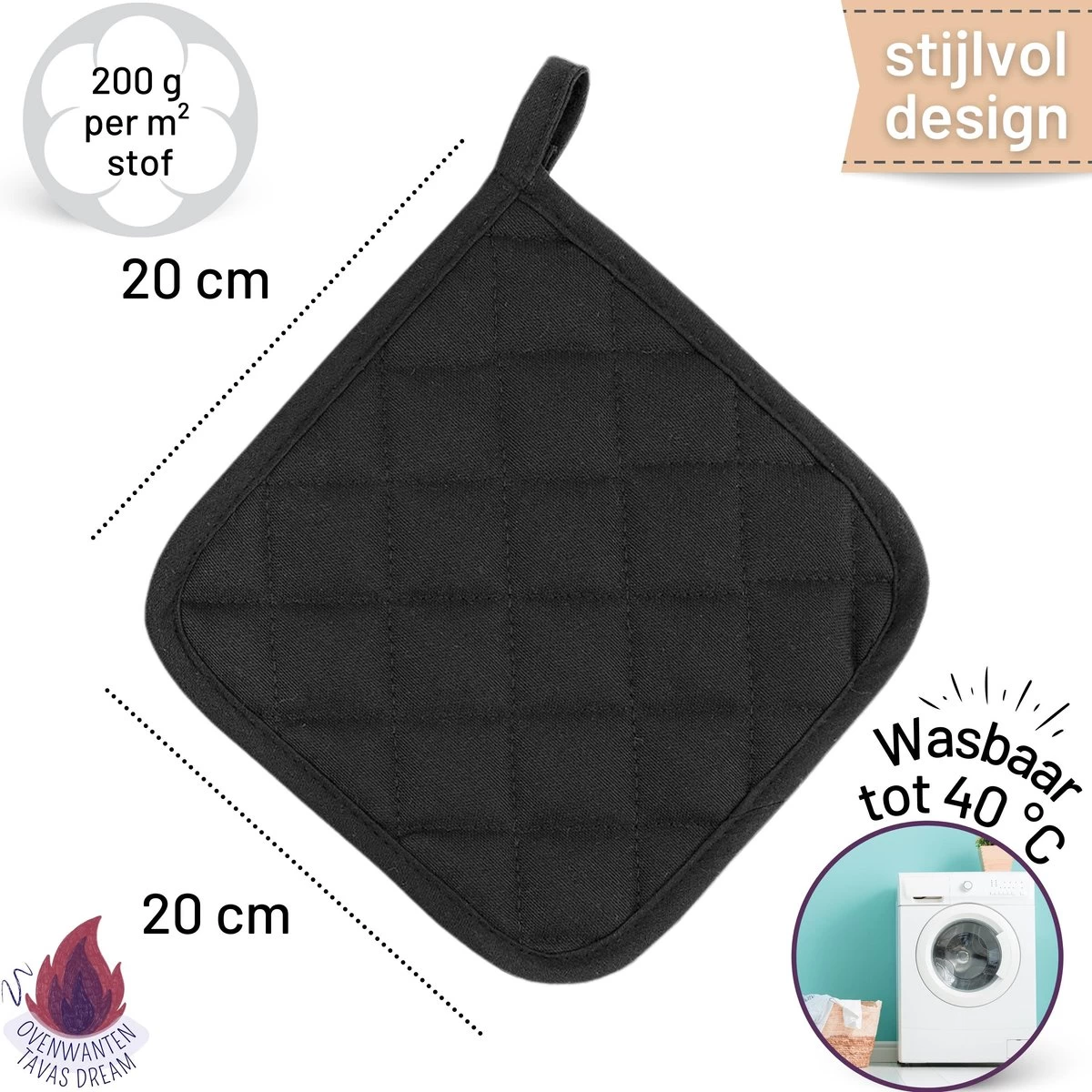 TAVAS Mooi Zwart Pannenlappen 2 Stuks Hittebestendige Pannenlapset Katoen, Thermolite Tot 220°C 3 TAVAS Mooi Zwart Pannenlappen 2 Stuks Hittebestendige Pannenlapset Katoen, Thermolite Tot 220°C - Afbeelding 3