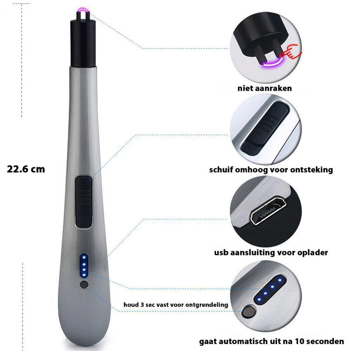 Oplaadbare Lange Elektrische Aansteker - Zilver - Duurzame Plasma Aansteker - Inclusief Cadeauverpakking - BBQ - Kaarsen 2 Oplaadbare Lange Elektrische Aansteker - Zilver - Duurzame Plasma Aansteker - Inclusief Cadeauverpakking - BBQ - Kaarsen - Afbeelding 2