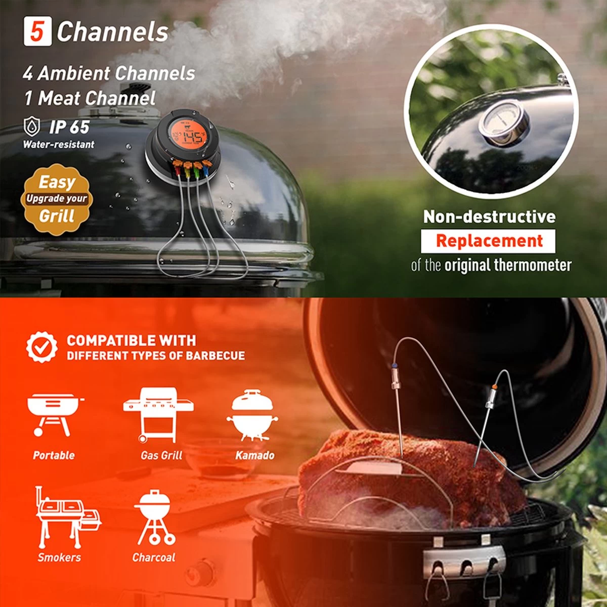 ToGrill - Smart Bluetooth Barbecue Dome Thermometer Met 2 Probes AT-02 | Draadloze Slimme BBQ Vleesthermometer Met App | 2 ToGrill - Smart Bluetooth Barbecue Dome Thermometer Met 2 Probes AT-02 | Draadloze Slimme BBQ Vleesthermometer Met App | - Afbeelding 2