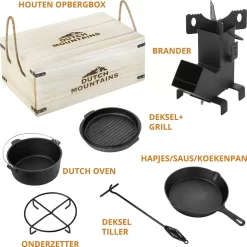 Dutch Mountains Gietijzeren Pannenset 7-delig - Dutch Oven – Braadpan - Grillpan - Hapjespan - Kookset In Houten Transportkist - Deksellifter - Brander -Thuis-BBQ 1200x1200 978