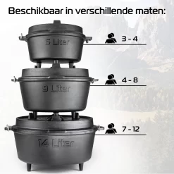 IRONO Dutch Oven - Pan Gietijzer - 14 Liter - Gietijzeren Pan BBQ 4-delig - Multifunctionele Kookset - Braadpan Gietijzer Met Deksellifter - Bakpan - Kookpan - Outdoor Cooking -Thuis-BBQ 1200x1200 981