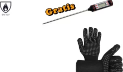 BBQ Ovenwanten- Met Gratis Vleesthermometer– Hittebestendige Handschoenen - Ovenhandschoenen - Barbecue Handschoen – Grill & Oven Want – Koken Accessoires - Vuurkorf En Openhaard - Gloves - Barbeque Keukenaccessoires -Zwart – 2 Stuks -Thuis-BBQ 1200x703