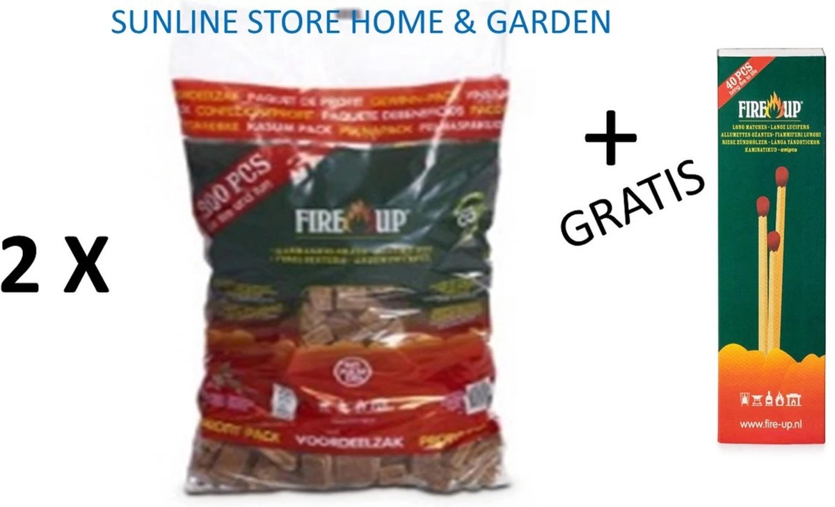 2 Zakken Fire-Up Aanmaakblokjes Van 300 Stuks + 1 Doos Lange Lucifers Van 40 Stuks 1 2 Zakken Fire-Up Aanmaakblokjes Van 300 Stuks + 1 Doos Lange Lucifers Van 40 Stuks