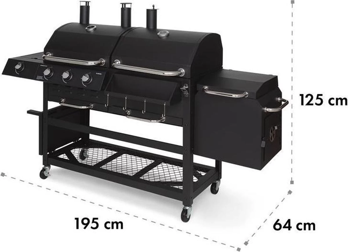 Klarstein Kingsville Double Barbecue - Houtskool- En Gasbarbecue - Smoker BBQ - Inclusief Deksels En Thermometer - Met 2 Roosters - Zwart 1 Klarstein Kingsville Double Barbecue - Houtskool- En Gasbarbecue - Smoker BBQ - Inclusief Deksels En Thermometer - Met 2 Roosters - Zwart