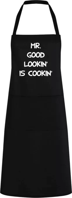 Roly Keukenschort Mr. Good Lookin' Is Cookin' - One Size - Zwart - Vaderdag Cadeau - Papa Cadeau - Cadeau Voor Hem - Cadeau Voor Vader - Keukenschort Met Tekst