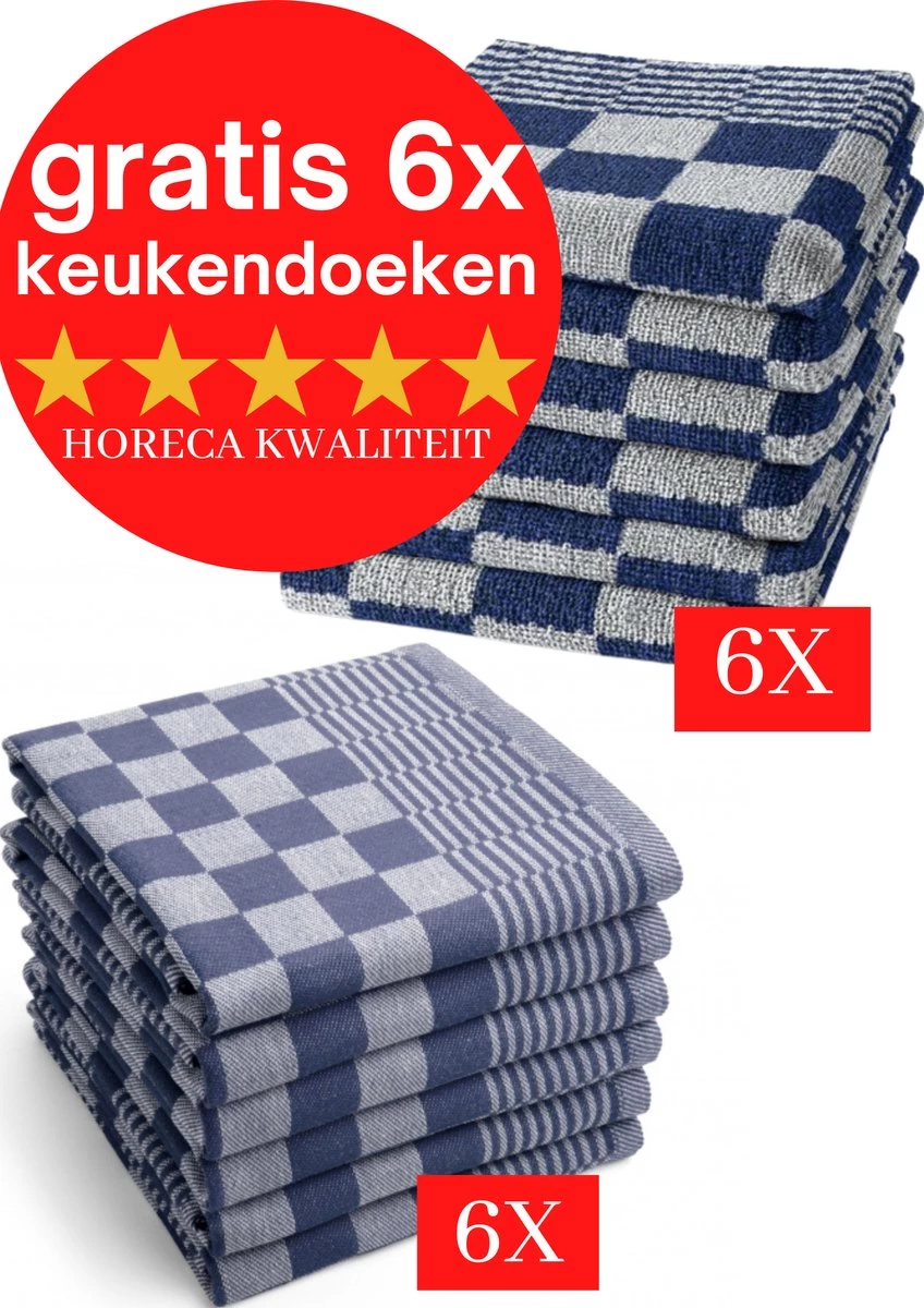 Droomtexiel® Horeca Kwaliteit Katoenen Theedoeken Set - 6x Theedoeken - Blauw Wit + Gratis 6 Keukendoeken T.w.v €22,95 1 Droomtexiel® Horeca Kwaliteit Katoenen Theedoeken Set - 6x Theedoeken - Blauw Wit + Gratis 6 Keukendoeken T.w.v €22,95