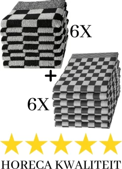 Droomtexiel® Horeca Kwaliteit Katoenen Theedoeken & Keukendoeken Set - 6x Theedoeken + 6x Keukendoeken - Zwart Wit -
