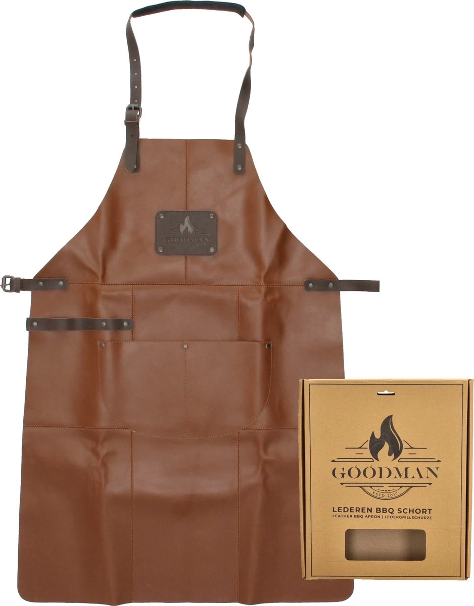 Goodman - BBQ Schort - Echt Leer - Leren Schort Man - Cognac Bruin 1 Goodman - BBQ Schort - Echt Leer - Leren Schort Man - Cognac Bruin